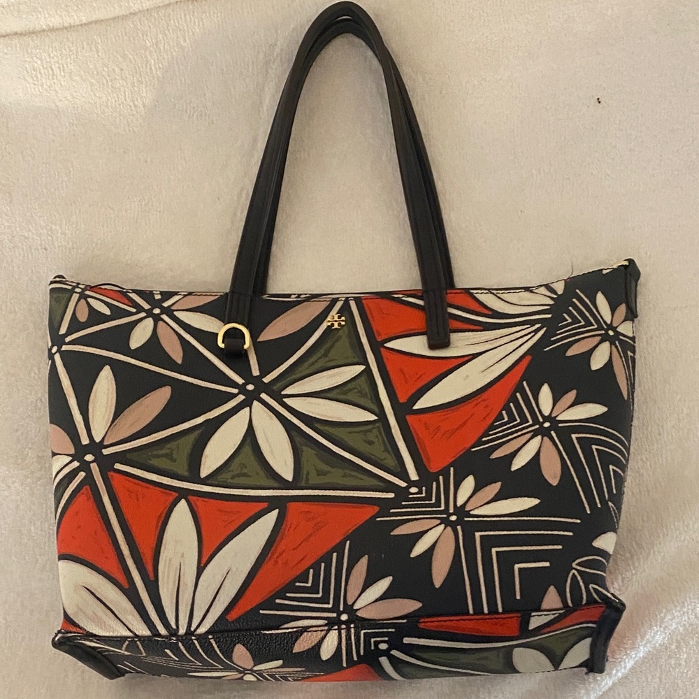 Tory Burch Stylish Black and Red Patterned Tote Bag